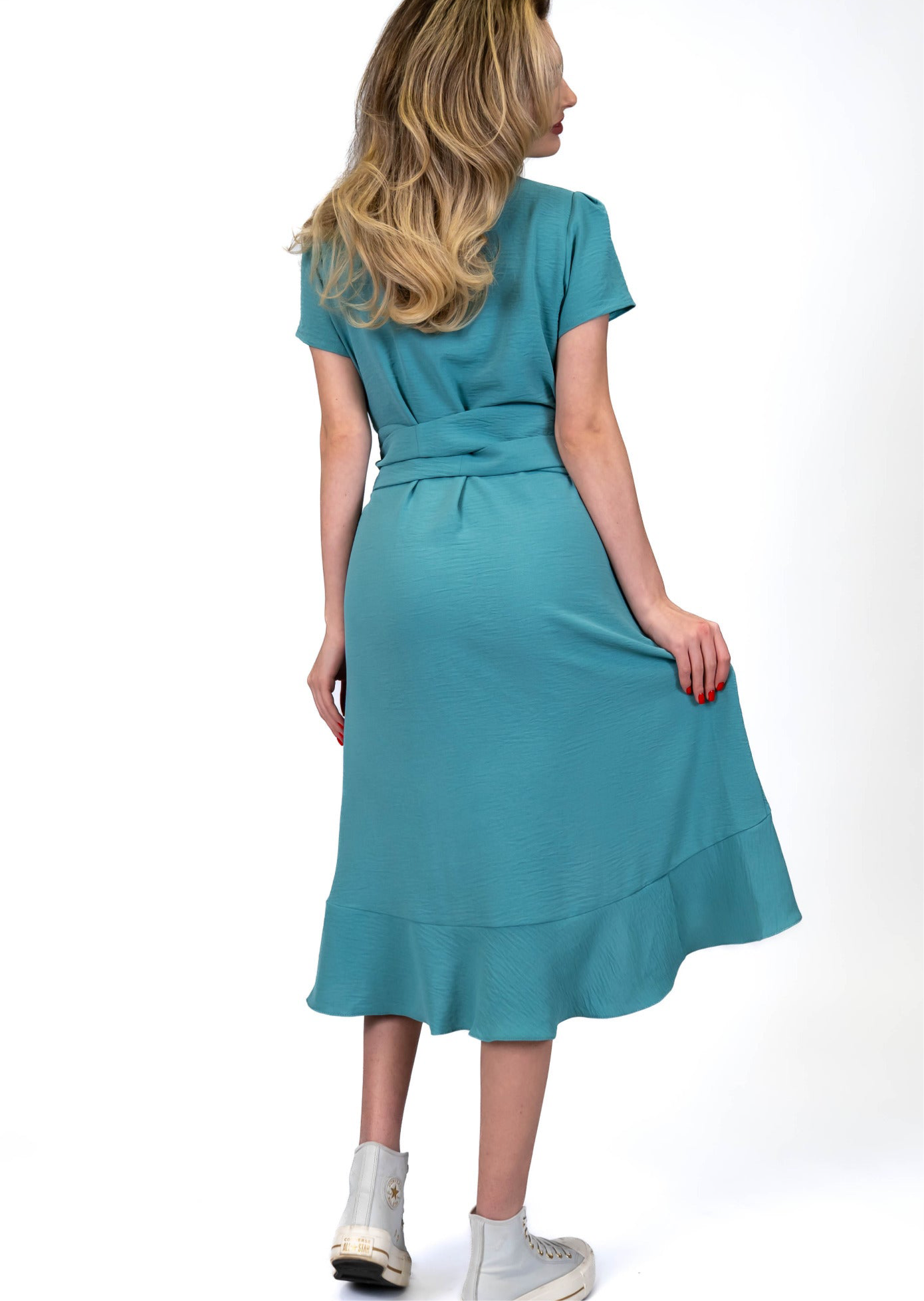 Rochie verde mentă din vascoză cu maneca scurta si cordon Ilinkas