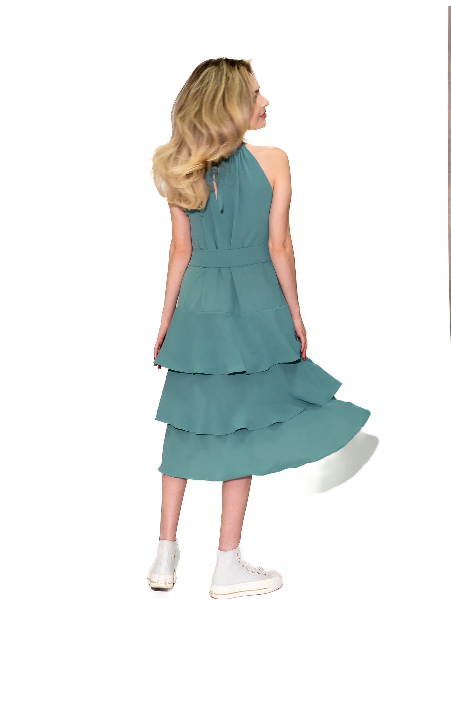 Rochie din vâscoză cu volane și șiret elegant – Verde Mentă Ilinkas