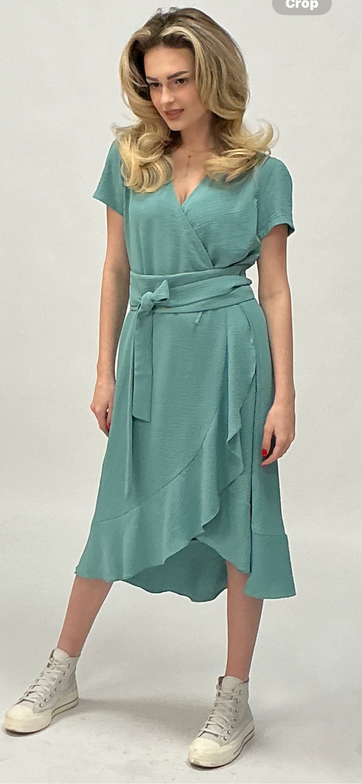 Rochie verde mentă din vascoză cu maneca scurta si cordon Ilinkas