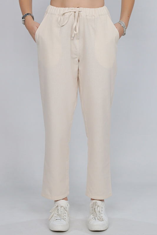 Pantaloni Ilinkas de damă din in crem – talie elastică cu șnur, croială lejeră