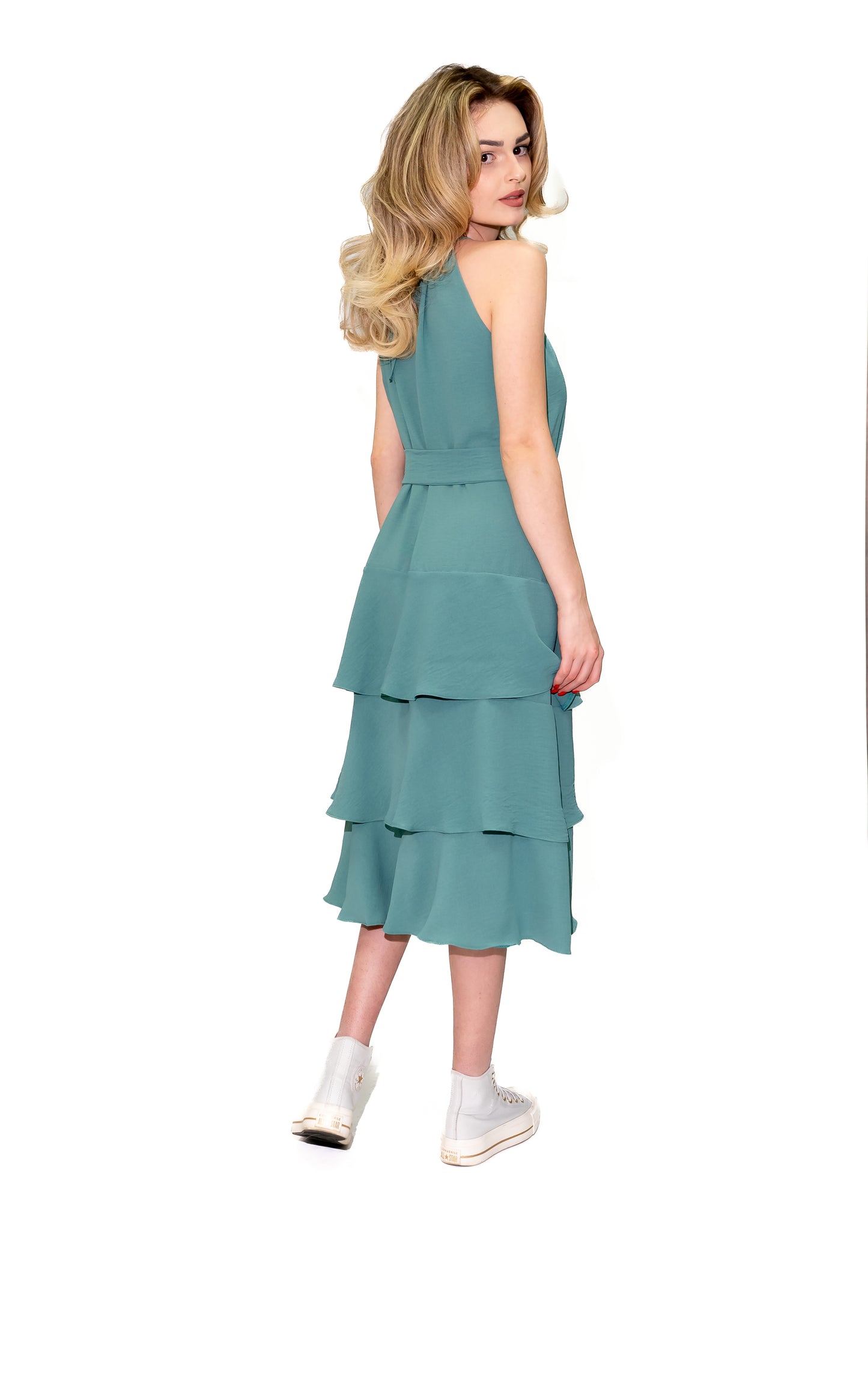 Rochie din vâscoză cu volane și șiret elegant – Verde Mentă Ilinkas