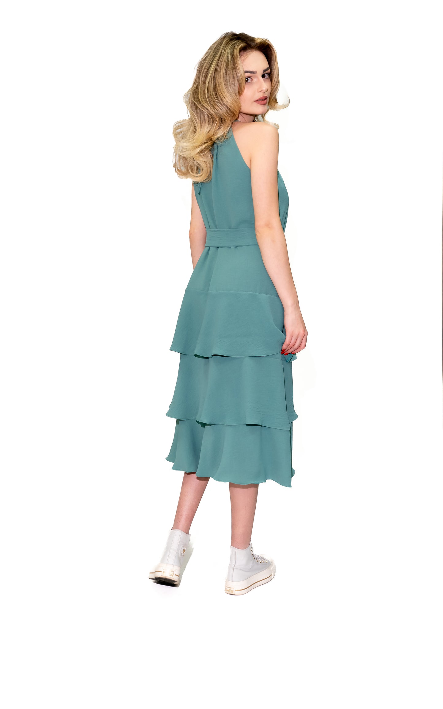 Rochie din vâscoză cu volane și șiret elegant – Verde Mentă Ilinkas