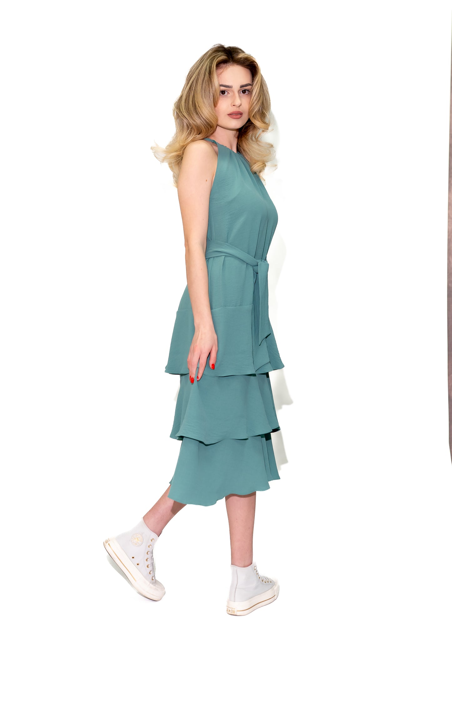 Rochie din vâscoză cu volane și șiret elegant – Verde Mentă Ilinkas