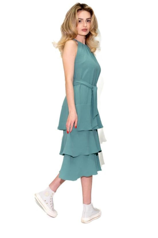 Rochie din vâscoză cu volane și șiret elegant – Verde Mentă Ilinkas