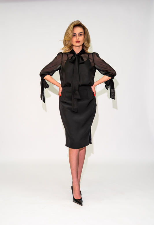 Bluza voal Neagra cu esarfa funda