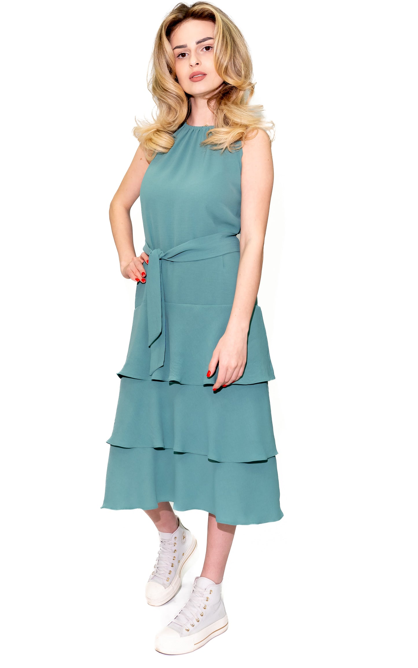 Rochie din vâscoză cu volane și șiret elegant – Verde Mentă Ilinkas