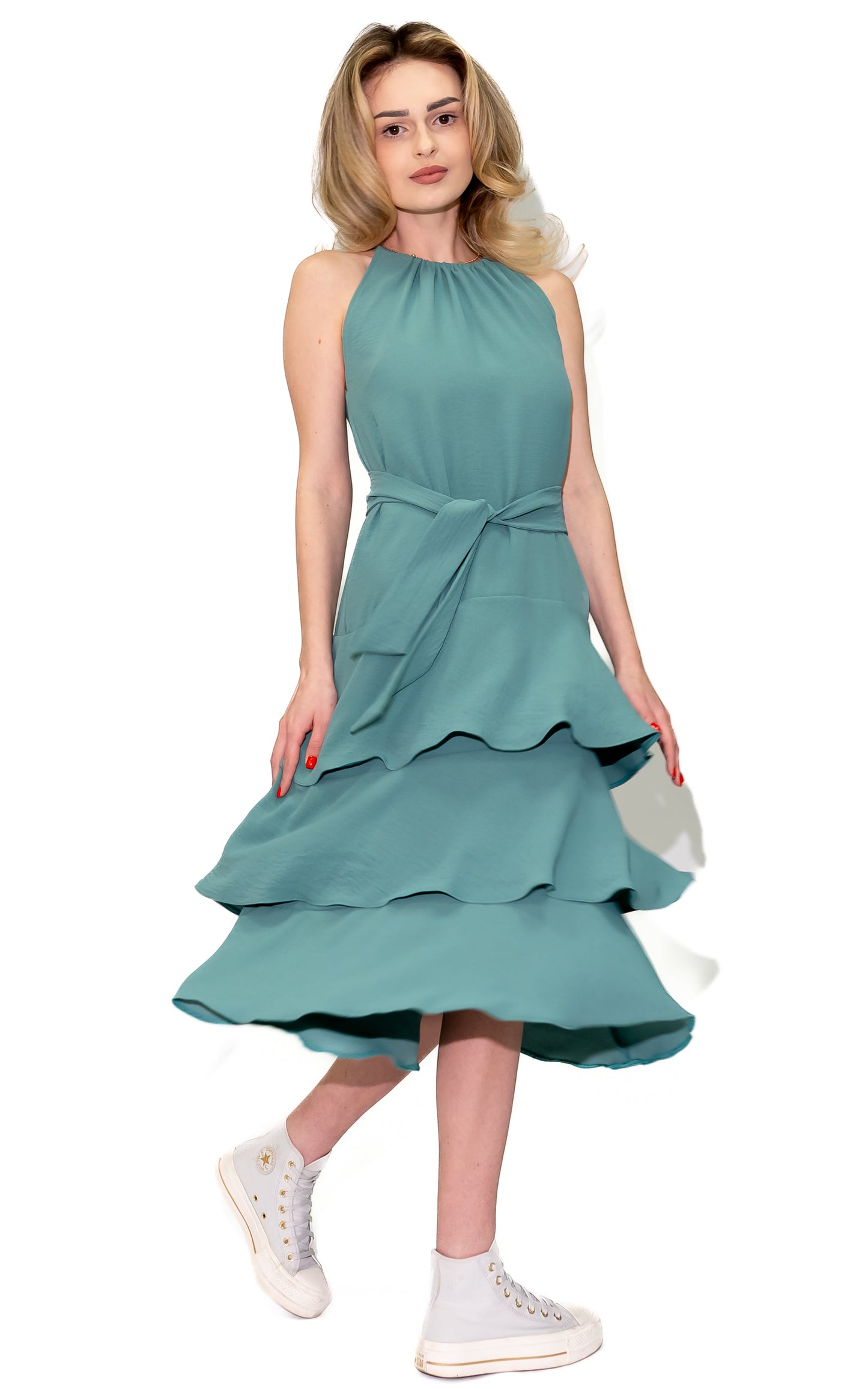 Rochie din vâscoză cu volane și șiret elegant – Verde Mentă Ilinkas